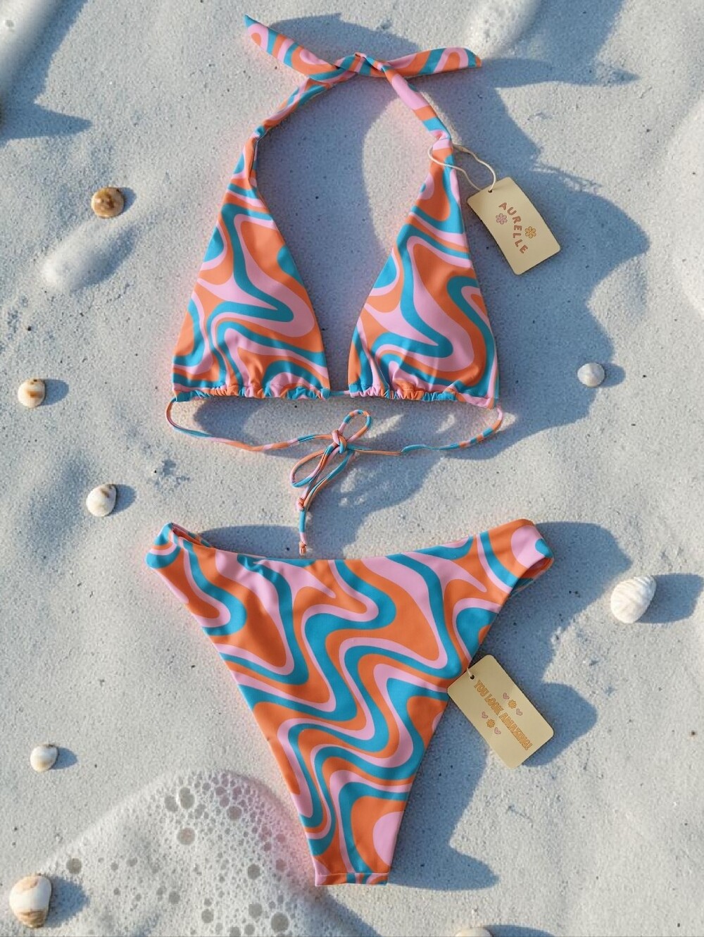New Aurielle Pink Orange Blue Vibrant Swirl Bikini Set